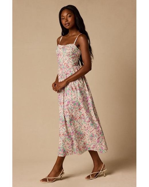 Lulus Pink Dinette Multi Floral Basque Waist Midi Dress