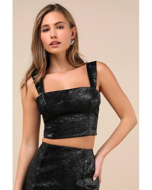 Lulus Black Elaborate Chicness Embossed Lace-Up Top