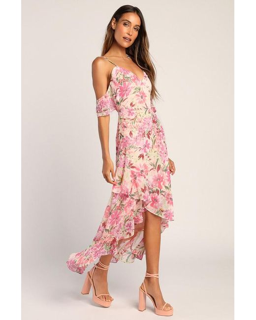 Lulus Pink Watch Me Grow Floral Print Cold-Shoulder High-Low Dress