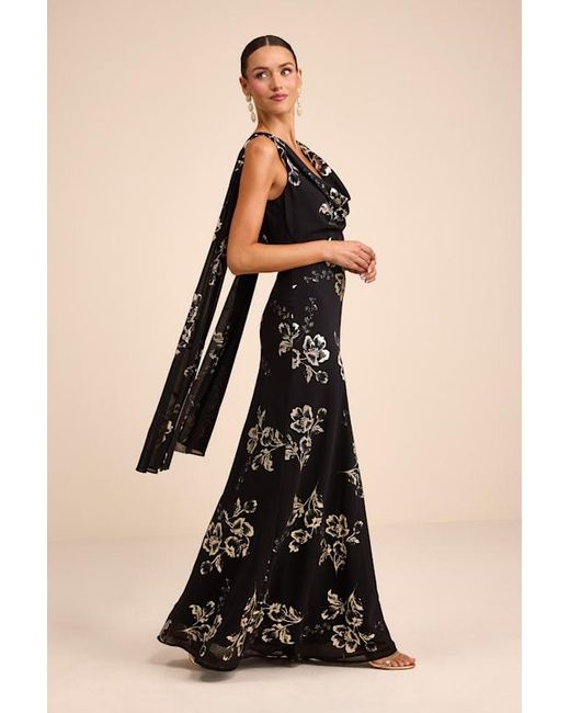 Lulus Black Sidonia Floral Cowl Sash Maxi Dress