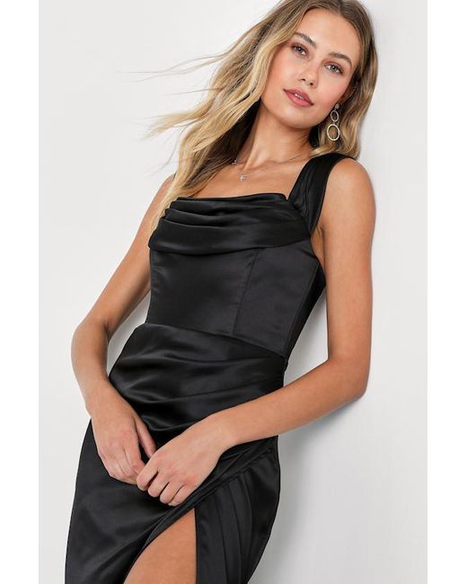 stunning arrival black satin off-the-shoulder maxi dress Stunning Arrival Black Satin Off-The-Shoulder Maxi Dress