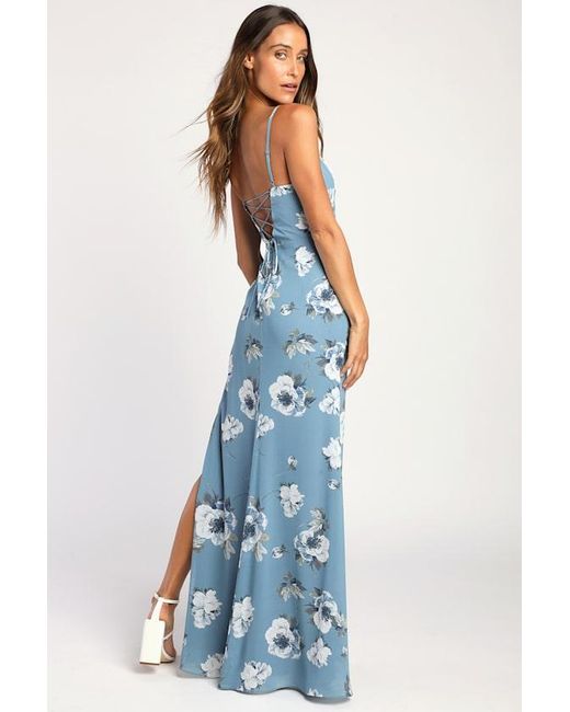 Lulus Blue Feeling Elegant Floral Print Lace-Up Slit Maxi Dress