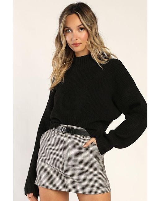 Lulus Black Snuggly Days Cropped Mock Neck Sweater