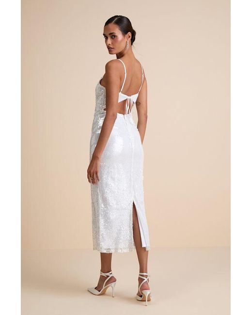 Lulus Natural Cahya Sequin Tie-Back Midi Dress