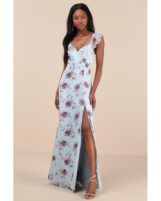Lulus Blue Sweetest Entrance Floral Ruffled Tie-Back Maxi Dress