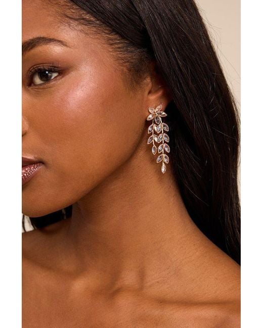 Lulus Brown Tenley Rhinestone Floral Drop Earrings