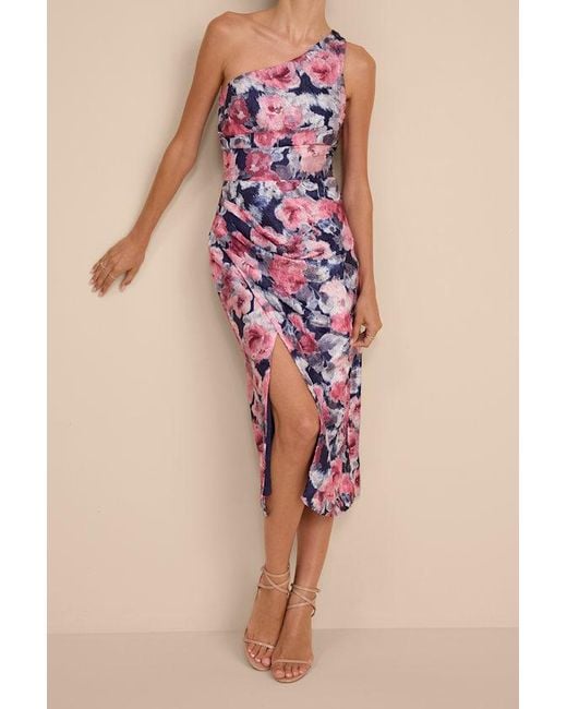 Lulus Pink Jemmilah Floral Textured One-Shoulder Midi Dress