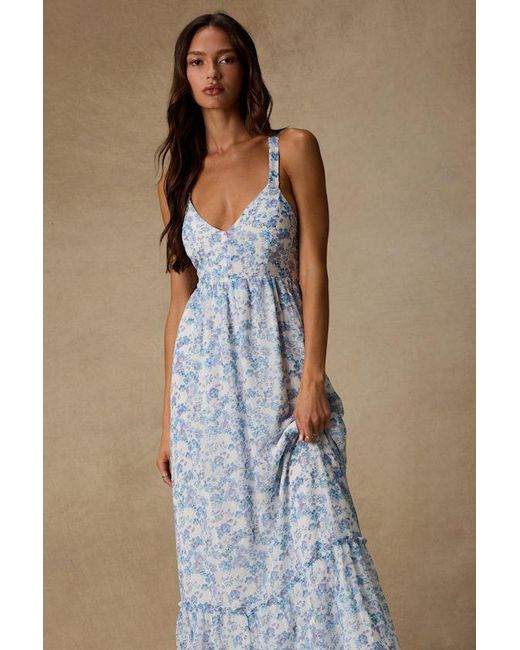 Lulus Blue My Love Story Floral Print Tie-Back Maxi Dress
