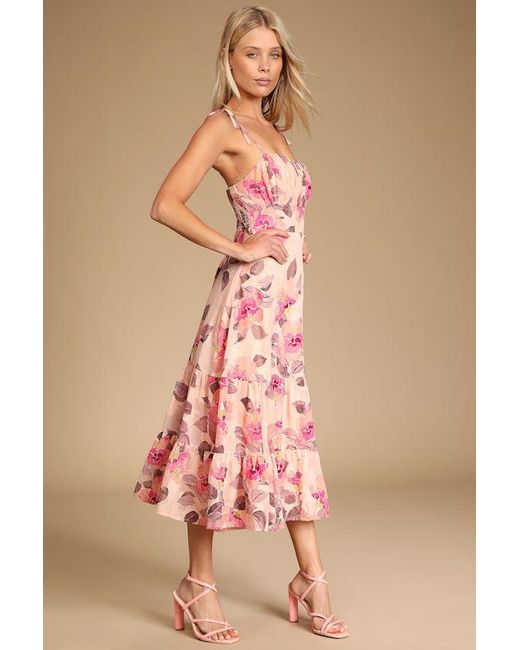 Lulus Pink Tea Party Chic Floral Print Tie-Strap Tiered Midi Dress