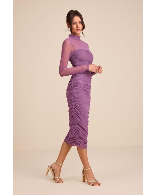 Lulus Pink Impressive Flirt Mesh Ruched Mock Neck Midi Dress