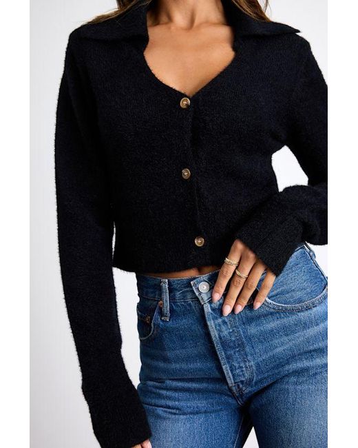 Lulus Black Poehler Eyelash Knit Collared Cropped Cardigan