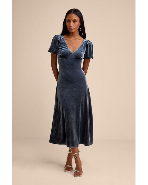 Lulus Blue Obrissa Velvet Puff Sleeve Tie-Back Midi Dress