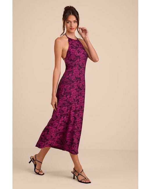 Lulus Pink Caida Plum Floral Satin Halter Midi Dress