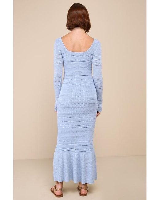 Lulus Blue Sunset Moments Light Crochet Long Sleeve Trumpet Midi Dress