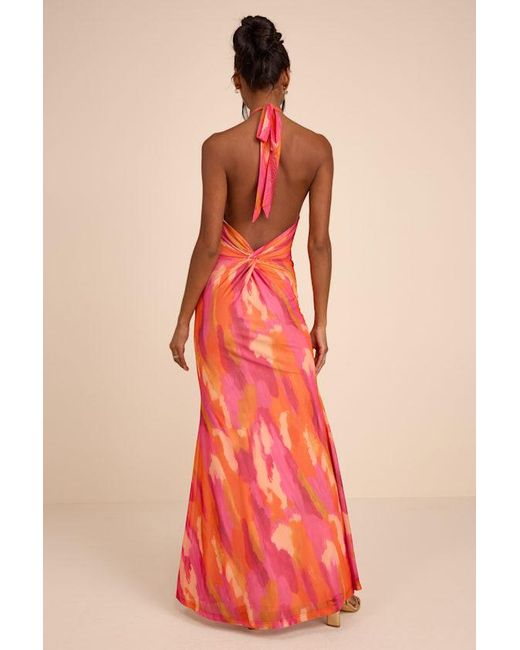 Lulus Red Adriel Multi Abstract Mesh Halter Mermaid Maxi Dress