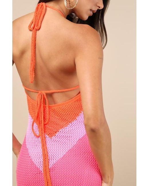 Lulus Pink Cancun Calling Multi Crochet Halter Midi Sweater Dress