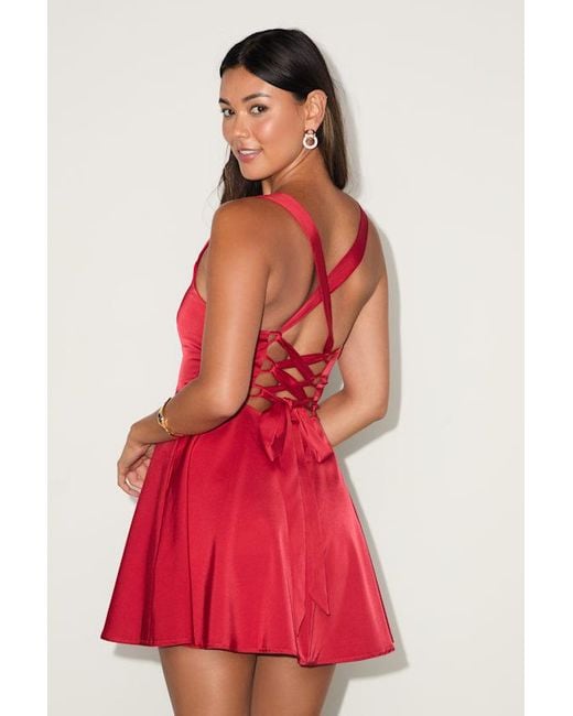 Lulus Red Admirably Chic Satin Lace-Up Mini Dress With Pockets
