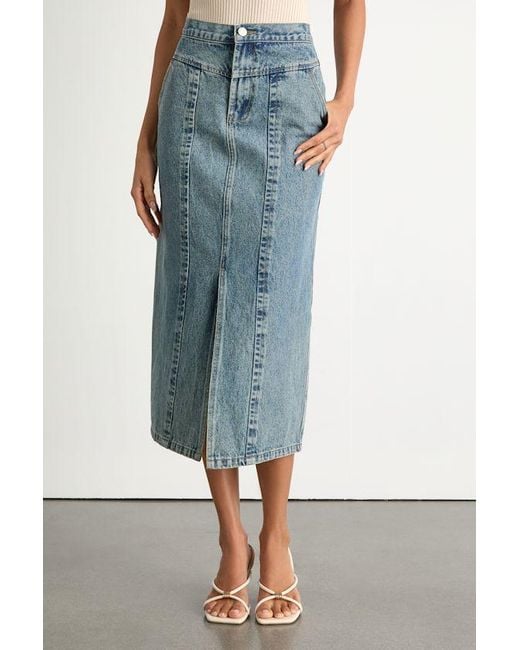 Lulus Blue Aisling Light Wash High-Rise Denim Midi Skirt