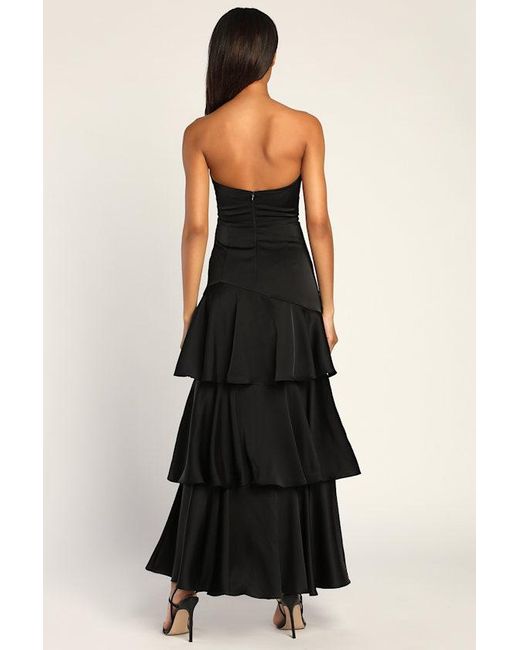 Lulus Black Blissfully Beautiful Satin Strapless Tiered Maxi Dress