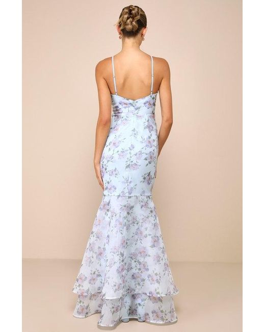 Lulus Blue Pure Splendor Light Floral Organza Trumpet Maxi Dress