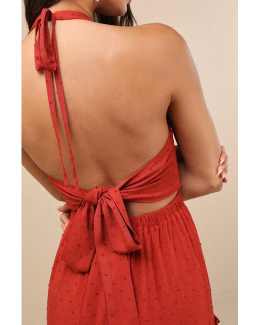 Lulus Red Zahia Swiss Dot Ruffled Halter Mini Dress