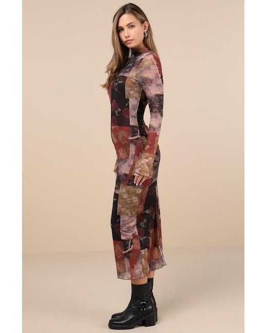 Lulus Natural Aesthetic Adoration Multi Floral Mesh Long Sleeve Midi Dress
