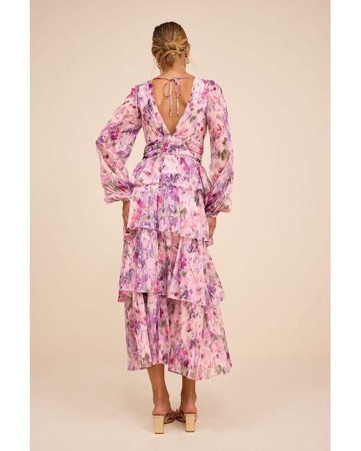 Lulus Pink Macy Blush Multi Floral Tiered Midi Dress