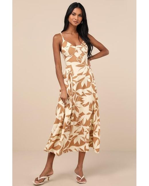 Lulus Natural Veris Cream And Floral Bustier Midi Dress