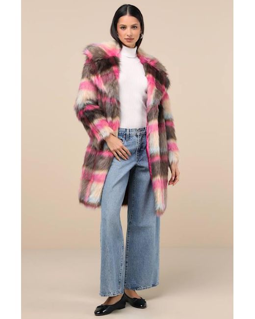 NVLT Pink Fancy And Plaid Faux Fur Coat