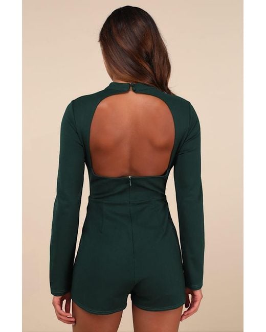 Lulus Green Undeniably Stylish Emerald Backless Long Sleeve Skort Romper
