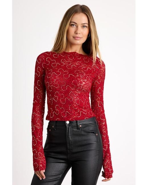 Lulus Red Elaura Sheer Lace Sequin Long Sleeve Top