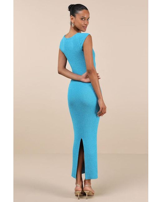 Lulus Blue Chiara Ribbed Knit Cap Sleeve Midi Dress