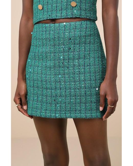 Lulus Green Exceptional Season Tweed Lurex Sequin Mini Skirt