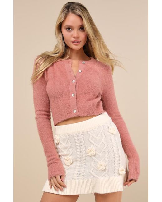 JACQUIE THE LABEL Pink Maeve Cream Knit 3D Floral Applique Mini Skirt