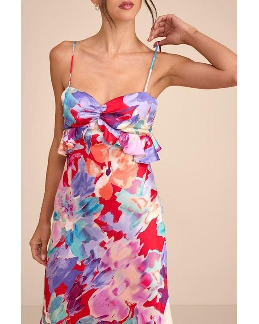 Lulus Red Augustina Multi Floral Satin Ruffled Midi Dress