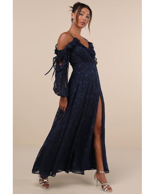 Lulus Blue Pleasant Aura Floral Burnout Cold-Shoulder Maxi Dress