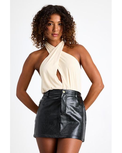 Lulus Black Jamison Cream Jersey Knit Cross-Front Halter Bodysuit