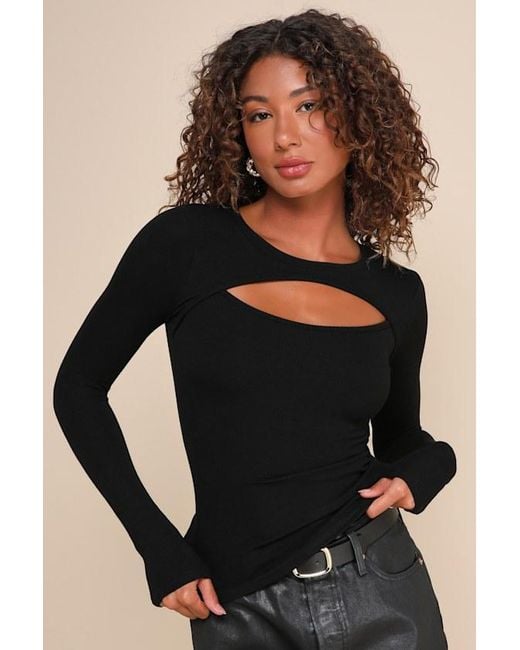 Lulus Black Flirty Little Secret Ribbed Cutout Long Sleeve Top