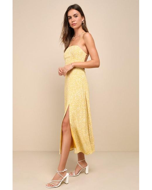 Lulus Natural Charming Dedication Floral Sleeveless Lace-Up Midi Dress