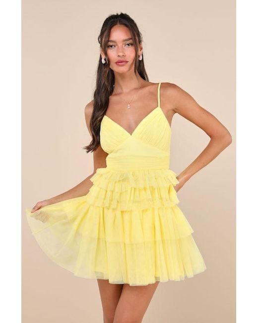 Lulus Yellow Special Poise Tulle Pleated Sleeveless Tiered Mini Dress