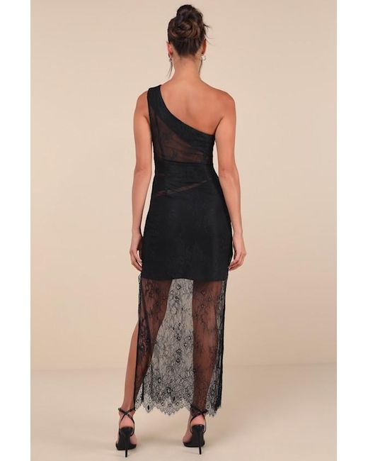 Lulus Black Sensational Flirt Sheer Lace One-Shoulder Maxi Dress