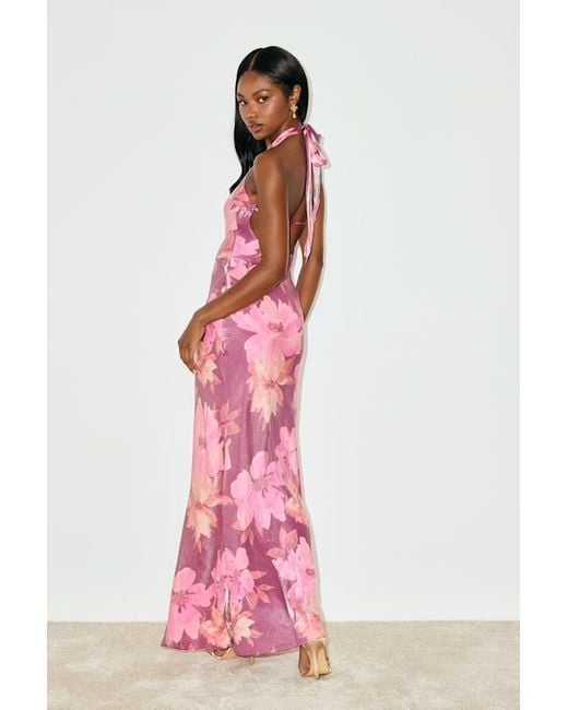 Lulus Pink Lashay And Floral Satin Halter Mermaid Maxi Dress