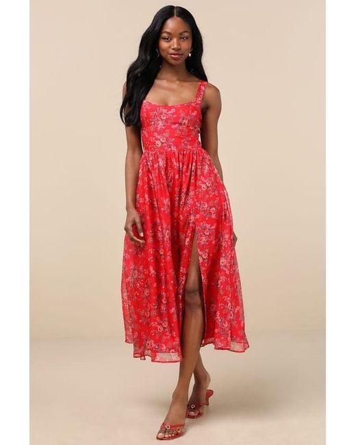 Lulus Red Francesca Floral Sleeveless Midi Dress