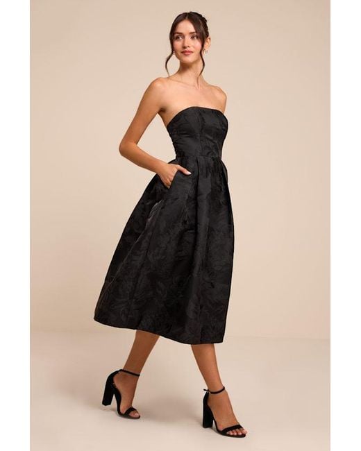 Lulus Black Laurelin Floral Jacquard Strapless Midi Dress
