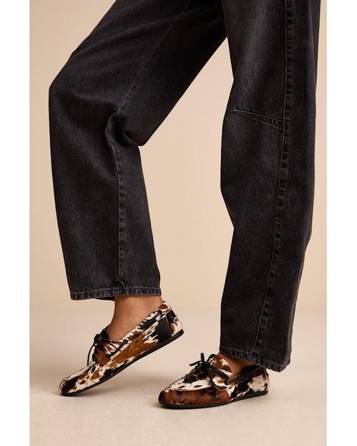 Steve Madden Natural Sag Cow Print Calf Hair Leather Lace-Up Loafers