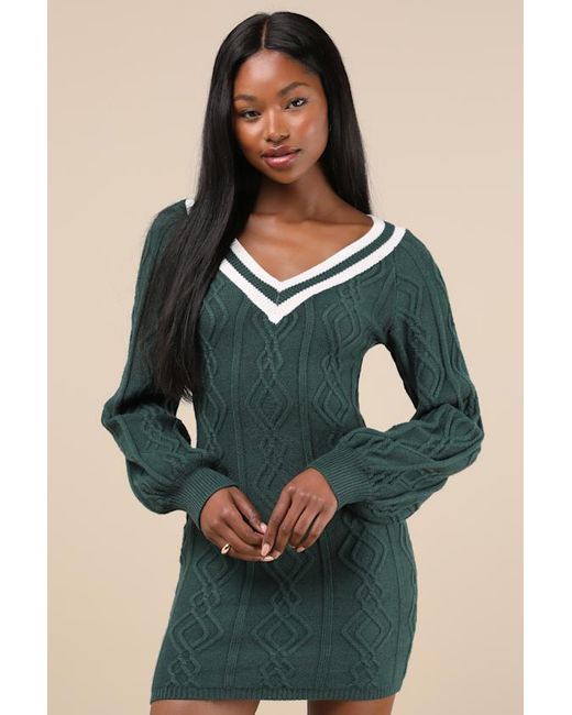 Lulus Green Inviting Poise Cable Knit Sweater Mini Dress