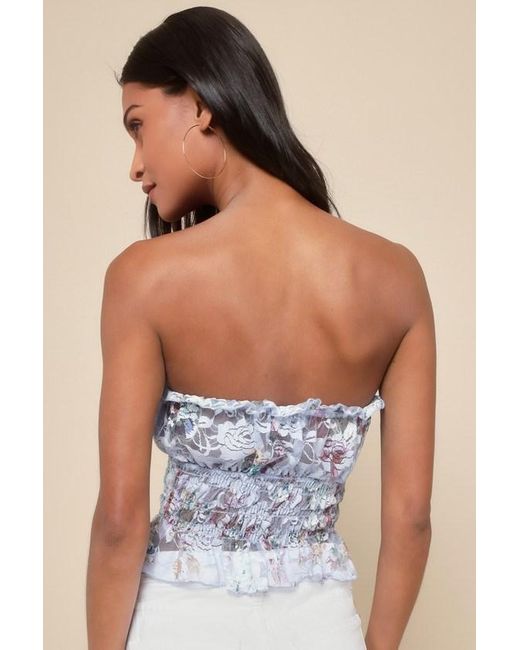 Lulus Blue Lovely Sweetness Floral Lace Strapless Smocked Top