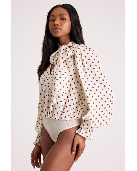 Lulus Blue Loen Polka Dot Tie-Neck Long Sleeve Bodysuit