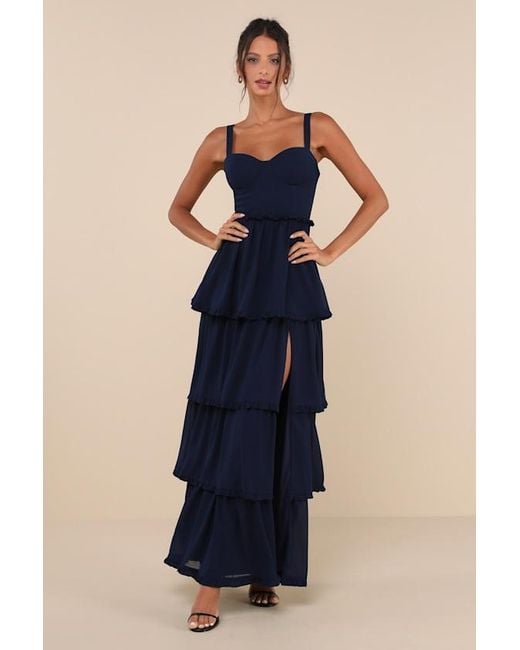 Lulus Blue Sophisticated Occasion Bustier Lace-Up Maxi Dress