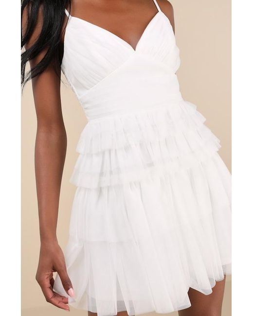 Lulus White Special Poise Tulle Pleated Sleeveless Tiered Mini Dress